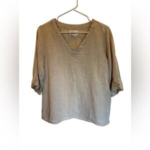 Andrea Jovine Tan 1/2 Sleeve V Neck Linen Shirt Small